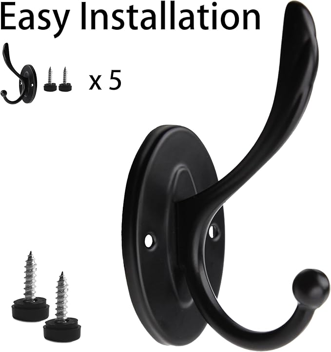 5pcs Black Coat Hooks Wall Mounted Coat Hooks Farmhouse Matte Black Wall Hooks with Screws Metal Matte Black Towel Hooks for Bathrooms Entryway Hooks for Hanging Coats, Keys, Hats, Scarves, Robe, Bags