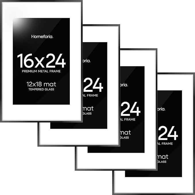 Homeforia 16 x 24 Picture Frame Black, High End Metal 24x16 Poster Frame, 16 x 24 Black Frames Matted to 12 by 18 inch Print, 24by16 Thin Frame with Mat 12x18 Photo, Tempered Glass, Wall Kit, Set of 4