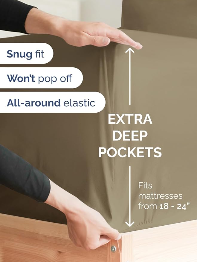 Extra Deep Queen Sheet Set - 6 Piece Breathable and Cooling Sheets - Hotel Luxury Bed Sheets Set - Easy & Secure Fit - Soft, Wrinkle Free and Comfy Sheets Set - Khaki Sheet Set with Extra Deep Pockets
