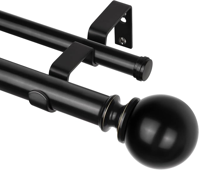 KAMANINA Black Double Curtain Rods 36 to 72 Inches(3-6 Feet), 1 Inch Heavy Duty Curtain Rods for Windows 28 to 48 In, Telescoping Drapery Rod for Bedroom, Dual Curtain Rod with Round Finials
