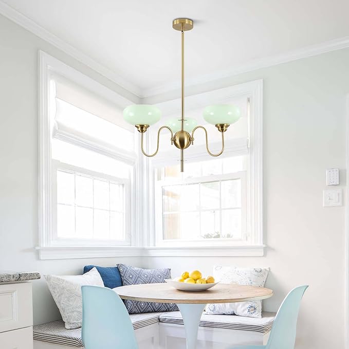 BOKT Green 3-Light Sputnik Chandelier Mid Century Modern Pendant Light Fixture with Glass Globe Lampshade Brass High Ceiling Chandelier Gold Pendant Ceiling Light for Living Room Island Farmhouse