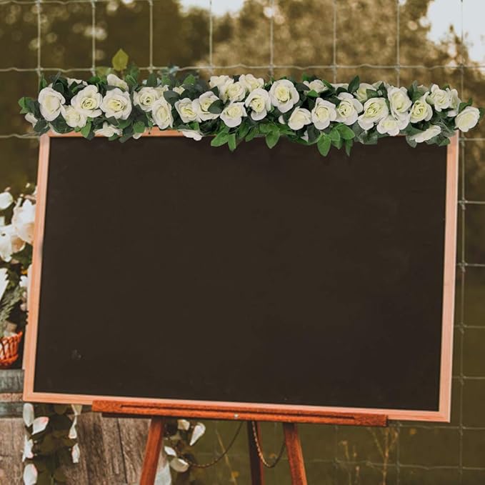 LESING Rose Garlands Artificial Rose Vines,4PCS(28.8FT) Fake Silk Flower Garland with Greenery Plants Wedding Hanging Flower Vines Garlands for Home Office Arch Garden Decoration (White)