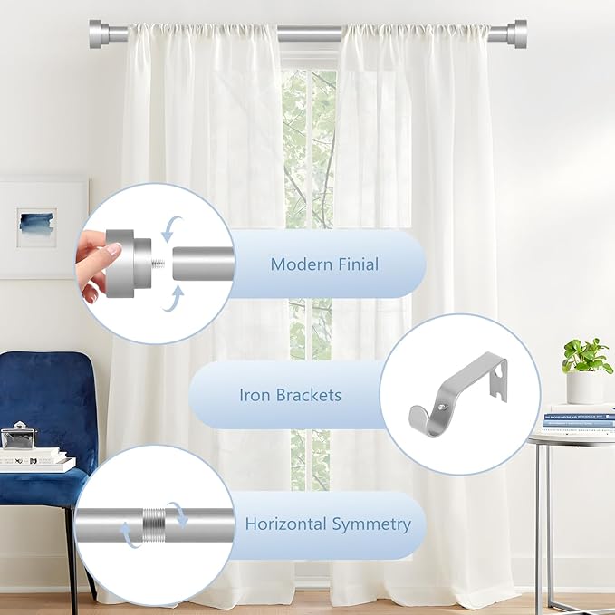 2 Pack Silver Curtain Rods for Windows 66 to 120 Inch(5.5-10ft),1 Inch Heavy Duty Curtain Rods, Long Adjustable Curtain Rod, Modern Drapery Rods,Telescoping Window Curtains Rod 30-120",Silver
