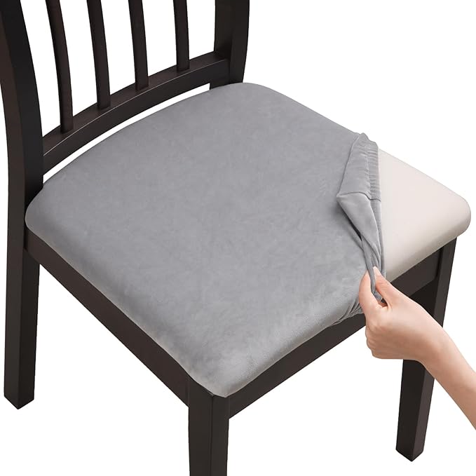 Fuloon Stretch Chair Seat Covers 4 PCS, Velvet Cushion Covers Washable Seat Cushion Slipcover Dining Room for Hotel, Ceremony, Banquet Wedding Party (Velvet Light-Grey, 4)
