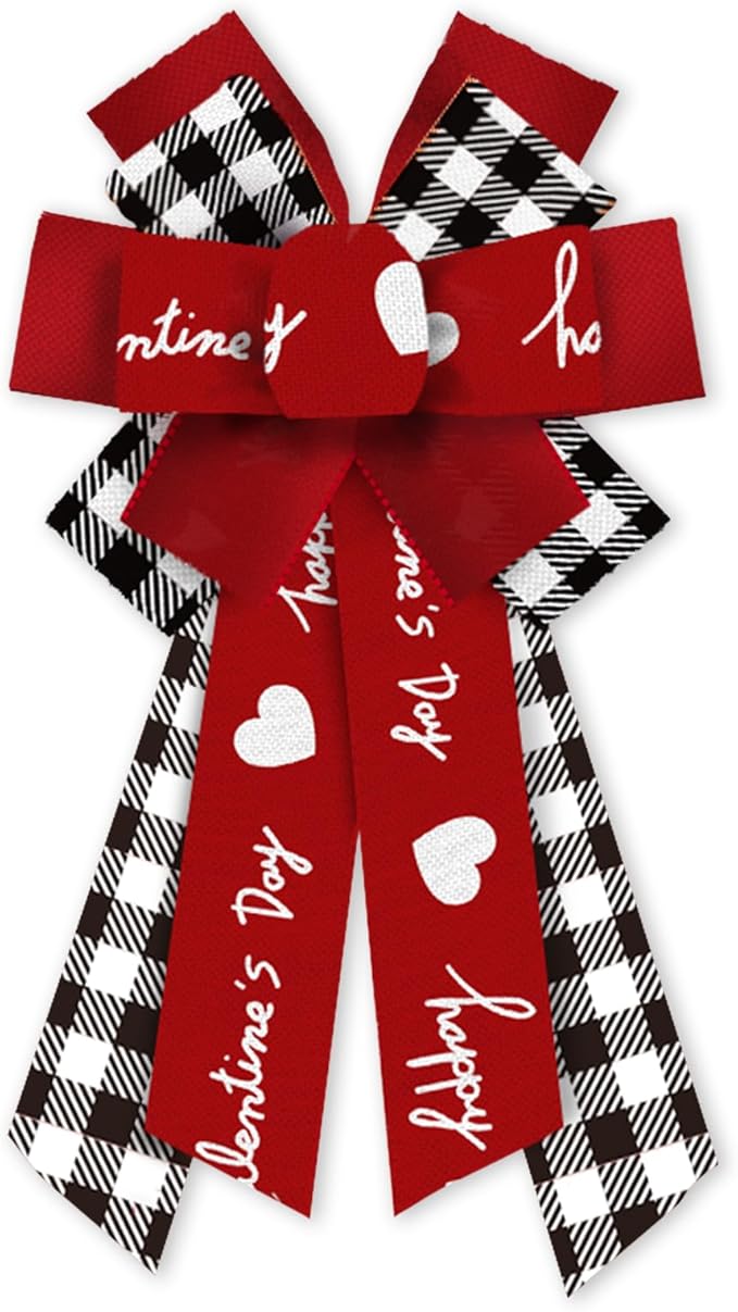 Large Valentine's Day Words Wreath Bows Valentines White Black Plaids Burlap Fabric Bows for Wreath Valentines Decor Ribbon Bows for Valentine's Day Party Wedding Indoor Outdoor Decoration Supplies