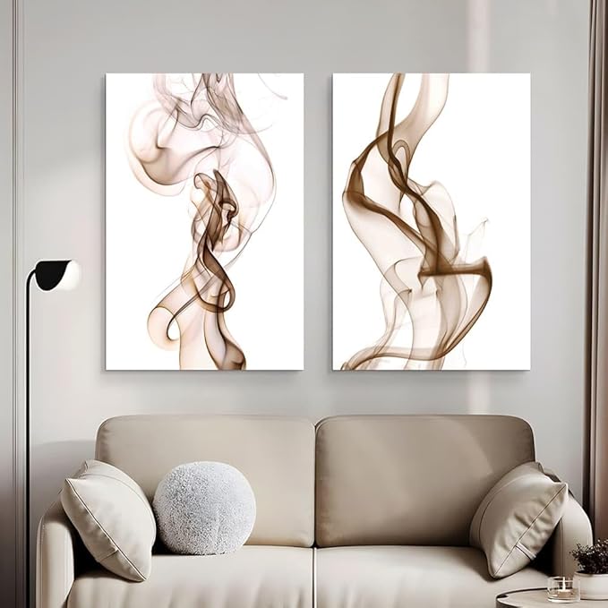 Modern Abstract Wall Art Decor: Minimalist Brown and White Smoke Canvas Pictures Prints Contemporary Painting Artwork for Living Room Bathroom Bedroom 24" x 36" x 2 Panel