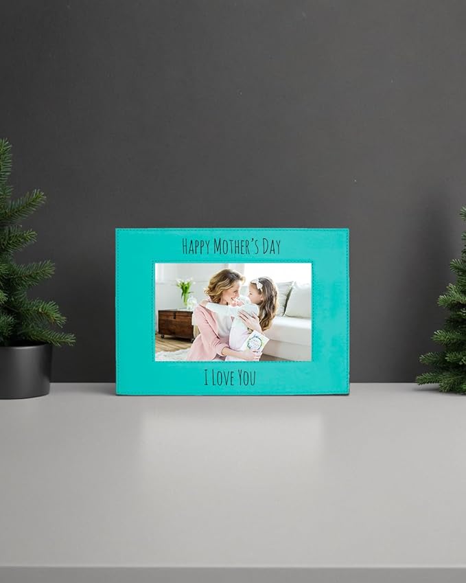 CustomGiftsNow Personalized Add Your Custom Text Engraved Leatherette Faux Leather Hanging/Tabletop Personalized Group Family Photo Picture Frame (Teal, 4x6-inch Horizontal)