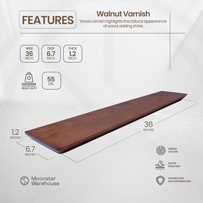Solid Pine Wood Floating Shelves - Bathroom & Bedroom/Living Room - Set of 2 (Walnut Color) - 36x6.7x1.2 inch