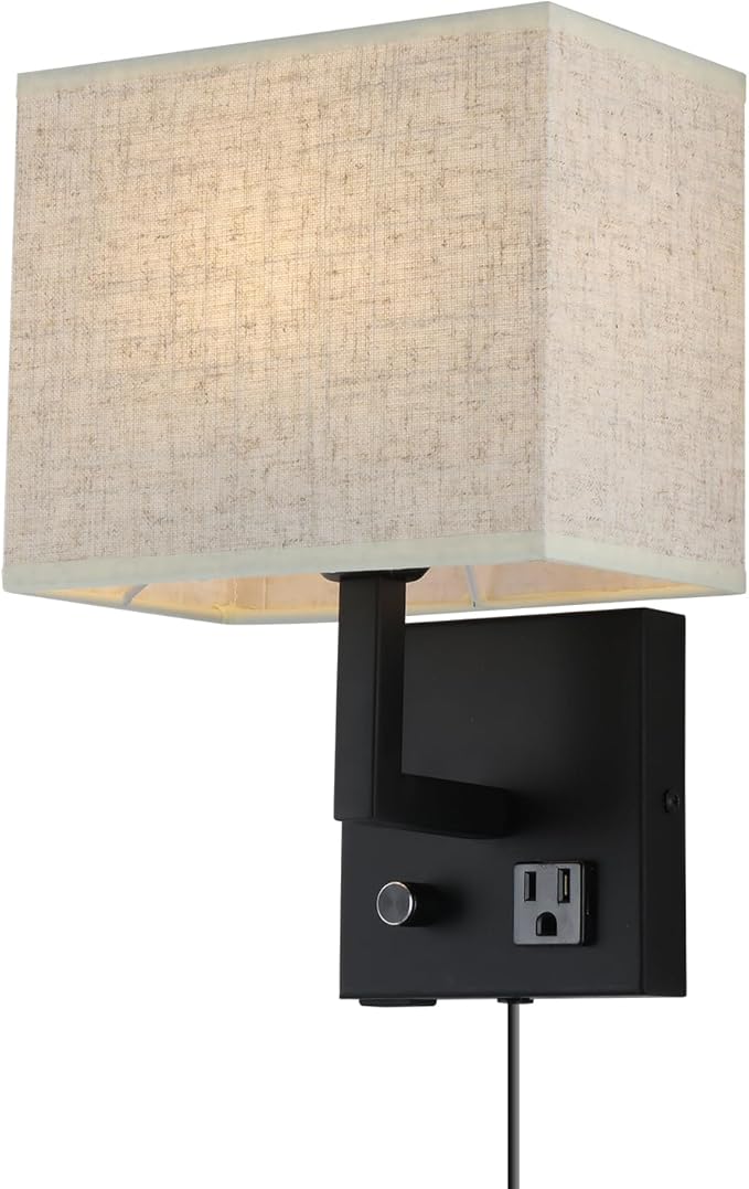 Bedside Wall Mount Light with Outlet and Dimmable Switch, Black Fabric Shade Wall Sconce Light with USB Port and Plug in Cord, Perfect for Bedroom, Living Room and Hotel…