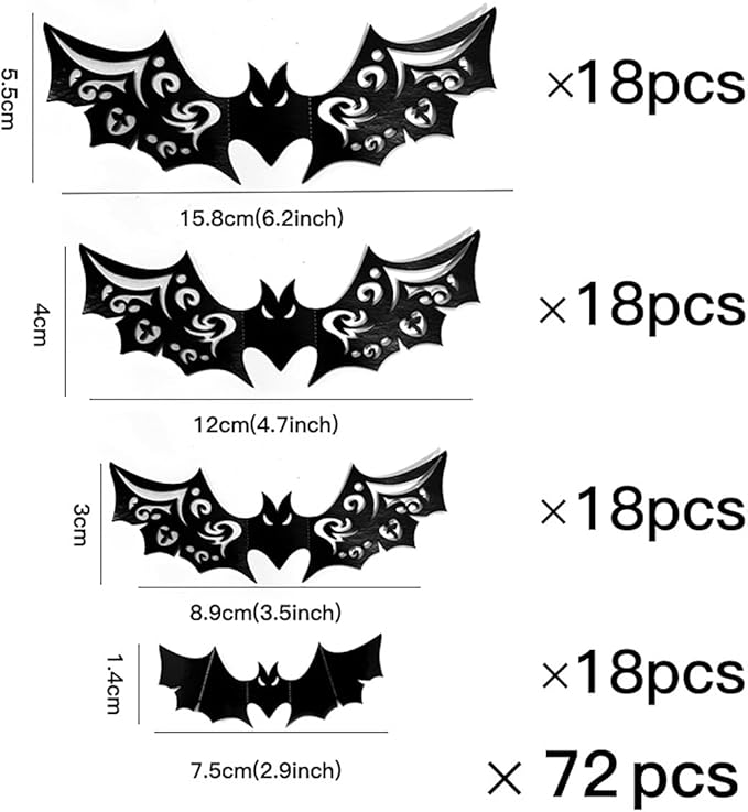 72Pcs Large Hollow Bats Wall Stickers Decals - Oversized Black Bats Decor for Kitchen, Bedroom, Fireplace, Ceiling, Indoor/Outdoor Halloween Party Favor Supplies