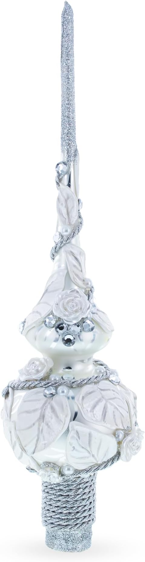 White Roses with Leaves on White Glass Christmas Tree Topper 11 Inches
