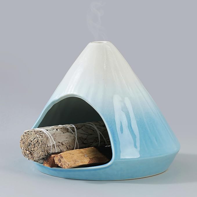 Chiminea Palo Santo Holder Sage Burner, Ceramic Incense Holder for Burning Sage Smudge Sticks and Palo Santo, Smudge Bowl for Yoga, Meditation, and Energy Cleansing(Blue)