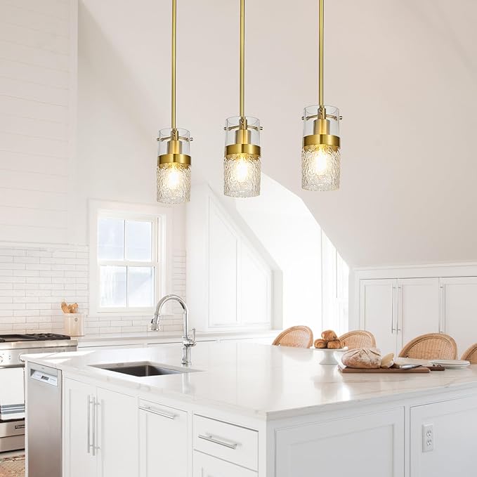 Modern Gold Pendant Light Adjustable Hanging Lighting Transparent Hammer Glass Chandelier for Kitchen Island Dining Room Bathroom Bedroom (3Pack)