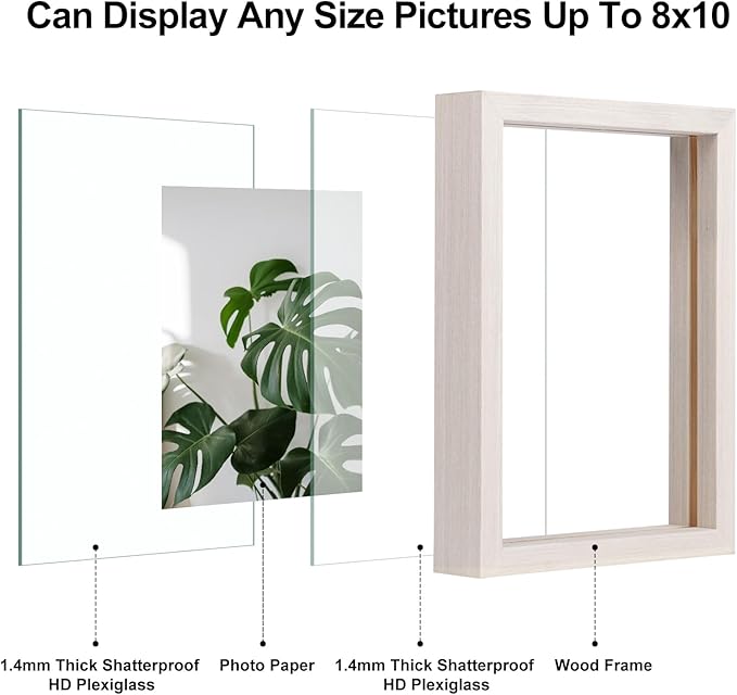 Egofine 8x10 Floating Frames Set of 2, Double Plexiglass Picture Frame, Made of Solid Wood Display Any Size Photo up to 8x10, Wall Mount or Tabletop Standing, Beige