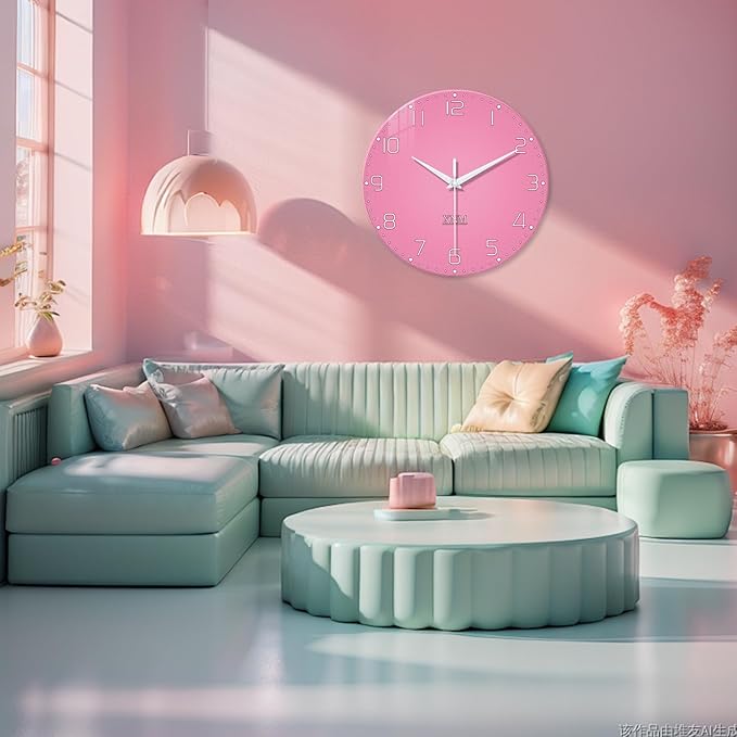 XNM Decorative Wall Clocks for Living Room Girls Pink Large Wall Clocks Battery Operated 20 Inch Glass Wall Clock Silent
