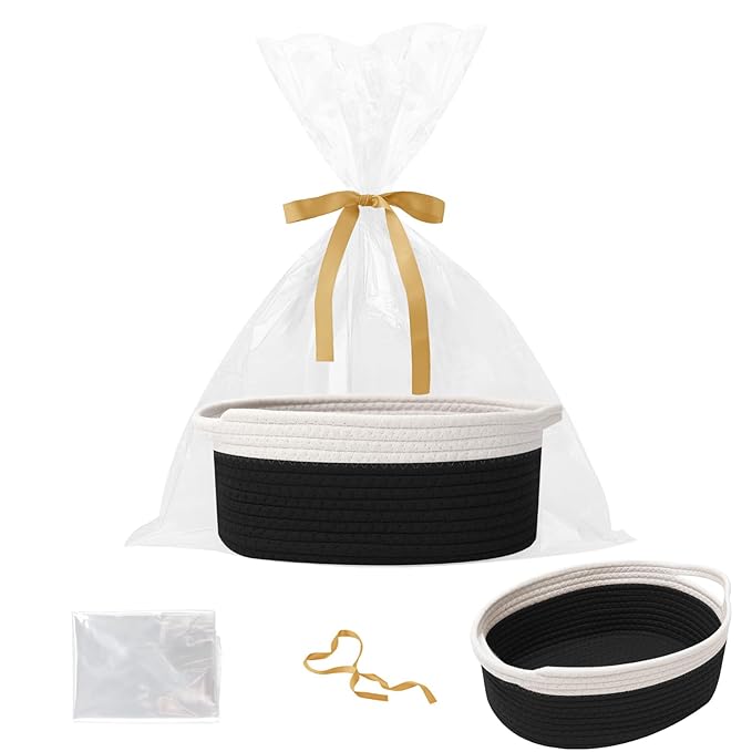 Small Woven Rope Basket-Empty Gifts Basket with Bag and Ribbons,Cute Handle Organizer Box for Birthday/Baby Shower, Toy Storage, Nursery Organizing & Shelf Decor(White&Black)