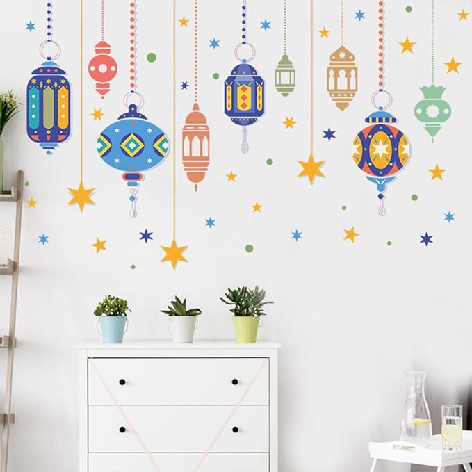 Colorful Lantern Pattern Wall Decal for Room Decor Handmade Celebration Wall Sticker Peel and Stick Star Lantern Theme for Holiday Celebration