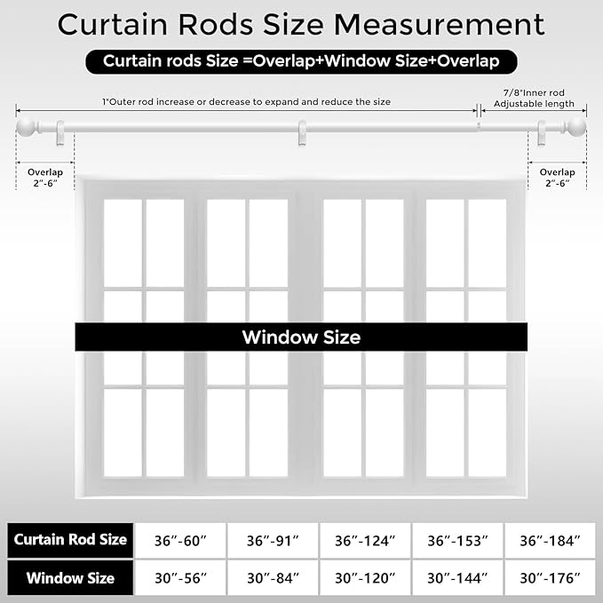 2 Pack White Curtain Rod, 1 Inch Adjustable Heavy Duty Curtain Rods for Windows 48 to 84 Inch, Decorative Modern Window Treatment Rods, Splicing Metal Drapery Pole, Easy Installation