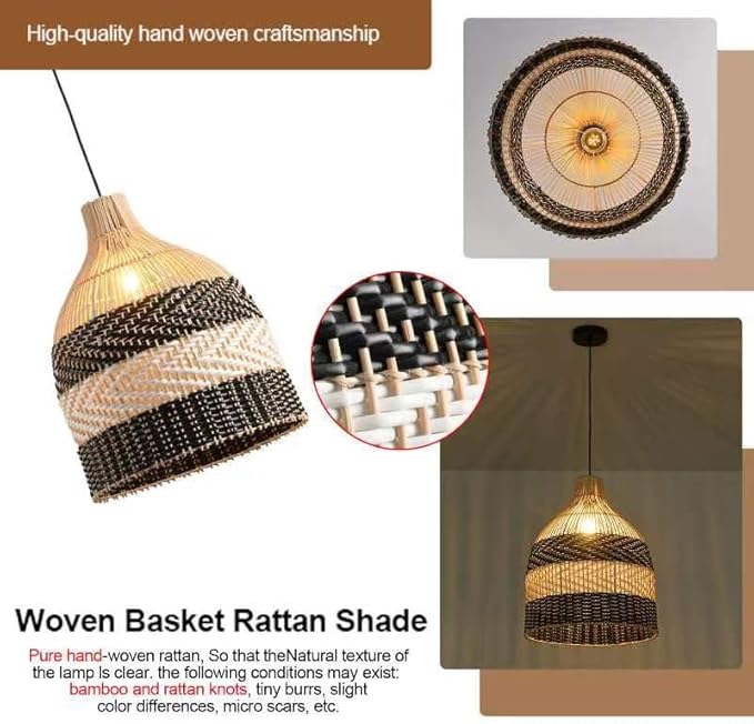 Rattan Pendant Light 1-Pack Black White Faux Rattan Basket Chandelier 11.8" Boho Handmade Woven Oval Wicker Hanging Light Fixture for Public Place Dining Living Bedroom Kitchen