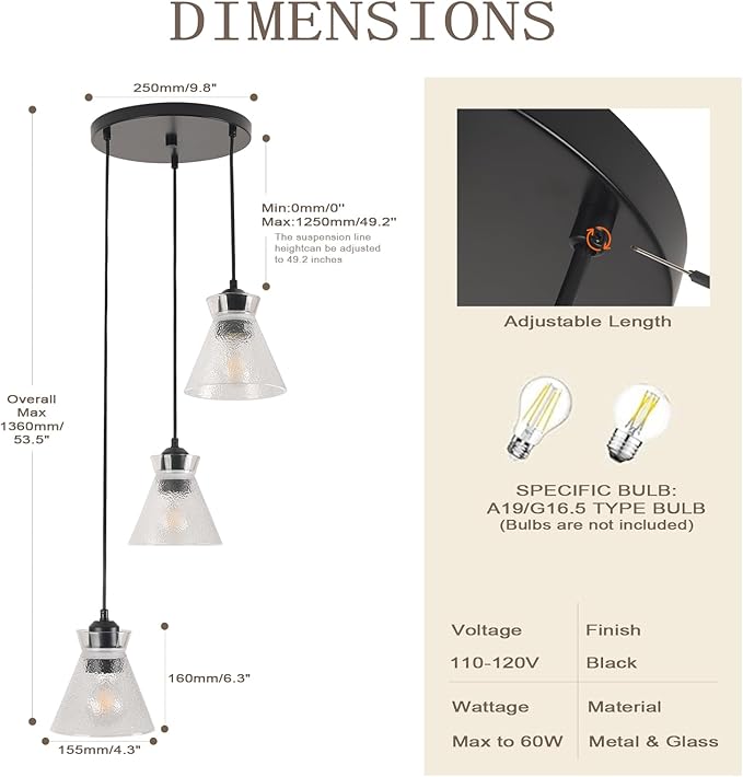 Industrial Hanging Pendant Lighting for Kitchen Island Black Brushed Glass 3-Light Linear Chandelier for Dinning Room Entryway Bedrooms Farmhouse