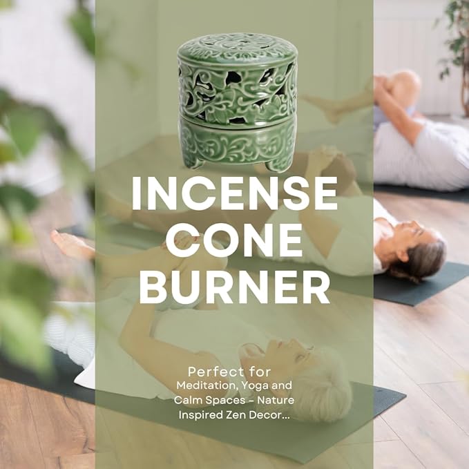 Incense Burner with Lid, Ceramic Incense Holder for Stick Cones & Coils Incense with Burn Cotton for Home, Office, Yoga, Green Lotus