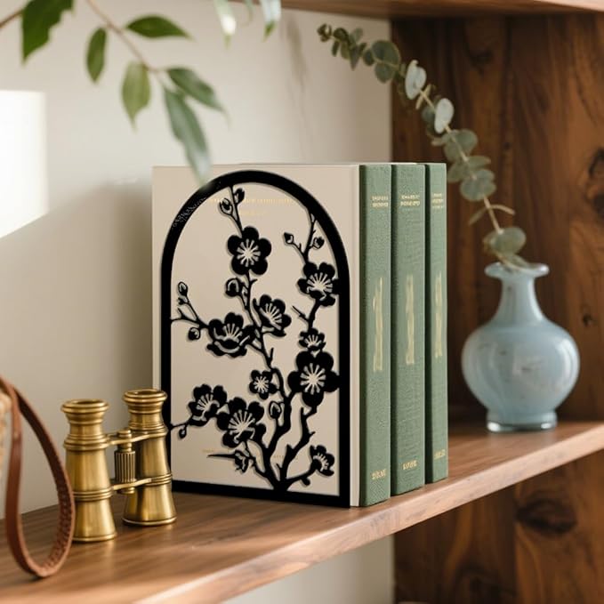 Peacoblue Metal Bookends for Shelves, Modern Decorative Heavy Duty Study Book Ends Stoppers for Office, Desk, Shelf, Room 5.3"x4.3"x7.9" Cast Iron Simple Tall Bookends 1 Pair (Plum Blossom Branches)