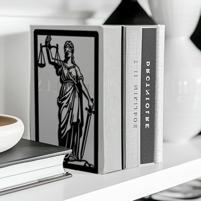 Peacoblue Metal Bookends for Shelves, Modern Decorative Heavy Duty Study Book Ends Stoppers for Office, Desk, Shelf, Room 5.3"x4.3"x7.9" Cast Iron Simple Tall Bookends 1 Pair (Justice Lady Themis)