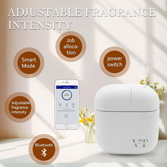 Waterless Oil Diffuser and 2 OZ Essential Oil for 2000 Sq. Ft Room Home Hotel Office, High-end Mini Smart Air Scent Machine with Bluetooth App, Aroma House Diffuser Powered by Battery or Adapter White
