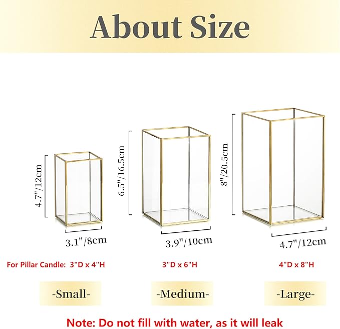 Glass Hurricane Candle Holder Large - Hewory 3pcs Gold Rectangle Flower Holders Centerpiece for Table, Tall Floor Square Pillar Candle Lantern for Wedding, Anniversary, Party, Fireplace, Dining Room