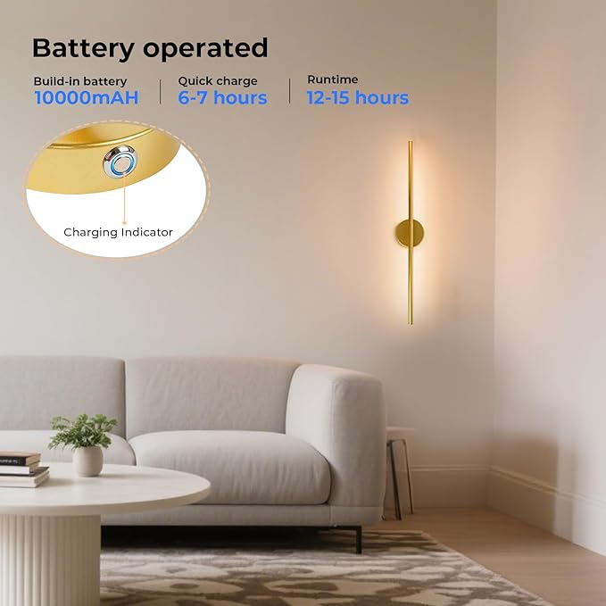 1 Pack Battery Operated Wall Sconce Detachable 360°Rotate, Wireless Wall Light 3000-6500K Dimmable, 10000mAh Rechargeable Wall Lamp for Bedroom, Living Room，28 Inch Gold