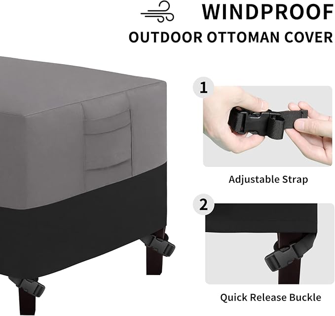 Easy-Going Outdoor Ottoman Cover, Waterproof Patio Ottoman Cover, Heavy Duty Outdoor Furniture Cover with Padded Handles (22"x22"x17", Gray/Black)