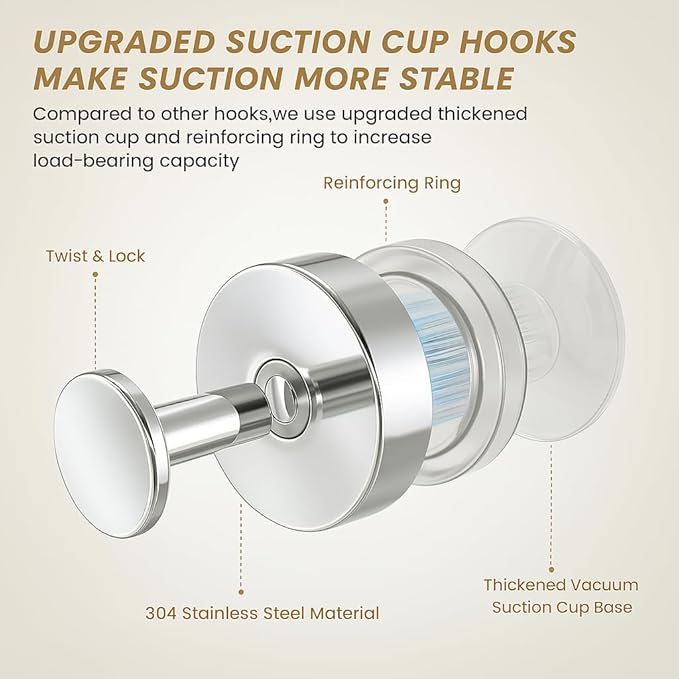 BKV Suction Cup Hooks for Glass Window,Removable Shower Hooks for Inside Shower,Metal Towel Hooks for Bathrooms,6 Pack(Mirror)