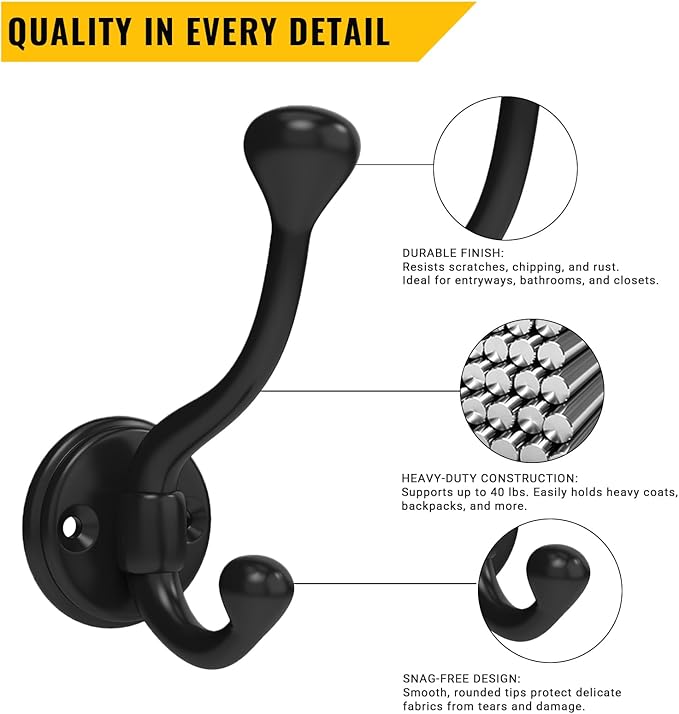 12 Pack Wall Hooks for Hanging, Heavy Duty Coat Hook Wall Mount, Easy to Install Metal Closet Hooks, Apply to Bathrooms, Bedrooms, Living Rooms, Entrances (Black)