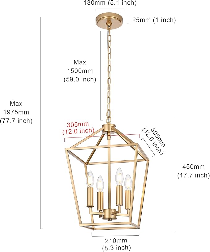 MELUCEE 4-Light Gold Farmhouse Chandelier Iron Lantern Pendant Light Rustic Cage Hanging Light Fixtures Industrial Foyer Lights for Kitchen Island Dining Room Hallway Foyer Entryway, E12 Base