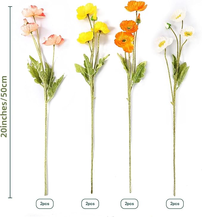 Artificial Poppy Flowers, 8 Bundles Faux Poppies with Stems for Floral Arrangements - Wedding, Home, Office, Party Table Centerpiece Decor