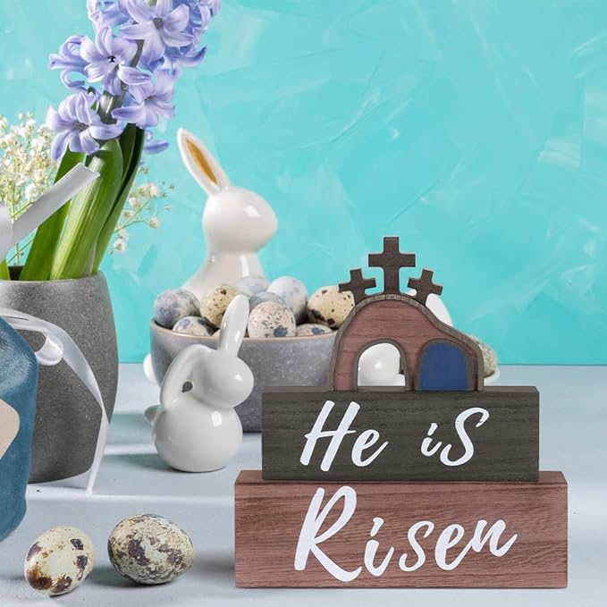 Easter Decorations, MEETYAMOR 3-Layered He is Risen Sign Cross Gifts Wood Block Easter Decor, Empty Tomb Scene Decorations Indoor for Home, Living Room, Tables, Mantel