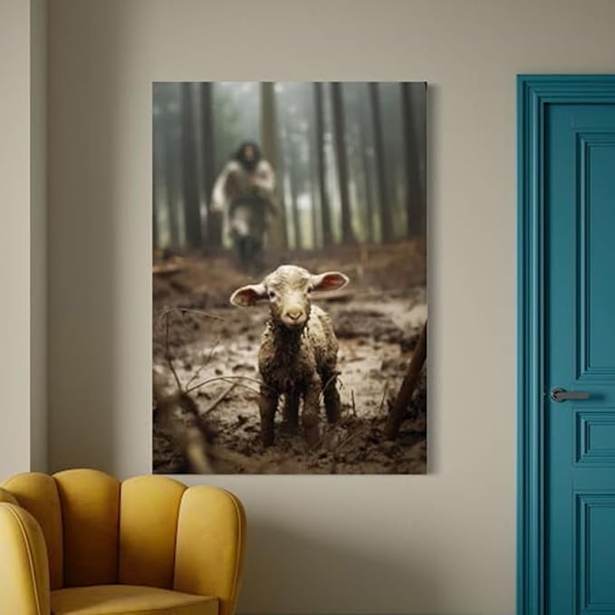 Jesus and Lamb Canvas Wall Art Jesus Running After Lost Lamb Picture Wall Art Canvas Print Christian Home Decor 24x30 inch