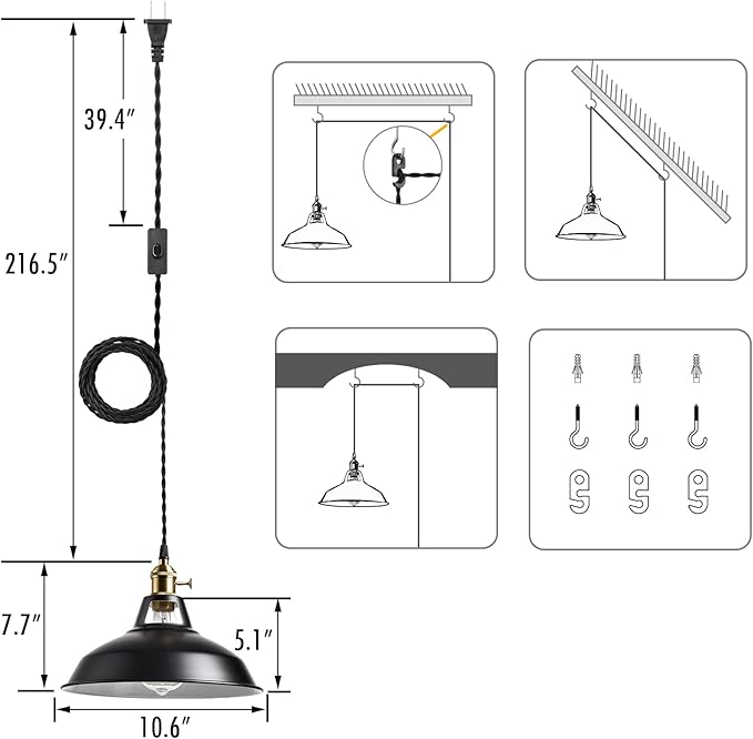 YUBOLE Industrial Hanging Lights with Plug in Cord, Black Barn Pendant Light with Switch for Kitchen Bedroom Bar Reataurant Cafe Loft