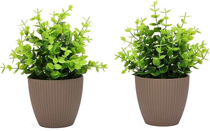 VENTO 2 Pack Eucalyptus Fake Medium Plants, Realistic Artificial Greenery for Home, Office, Bathroom, Coffee Table Decor, UV Resistant, Lifelike Leaves, Low Maintenance, 10x20x10 cm Brown Pot