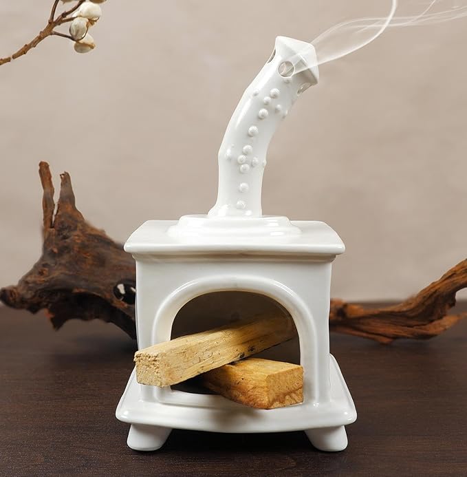 Handmade White Ceramic Fireplace Palo Santo Holder &Sage/Cone Incense Dish for Energy Cleansing Zen Meditation Altar Decor for Yoga Spa | Mindfulness Aromatherapy Gift for Women Anxiety Relief