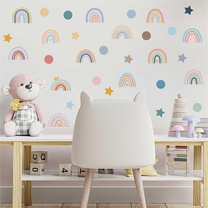 Rainbow Wall Decals for Children Room - 4 Sheets 76Pcs Boho Star & Dots Wall Stickers | Peel and Stick Nursery Decor, Playroom, Classroom | Removable Waterproof Wall Art