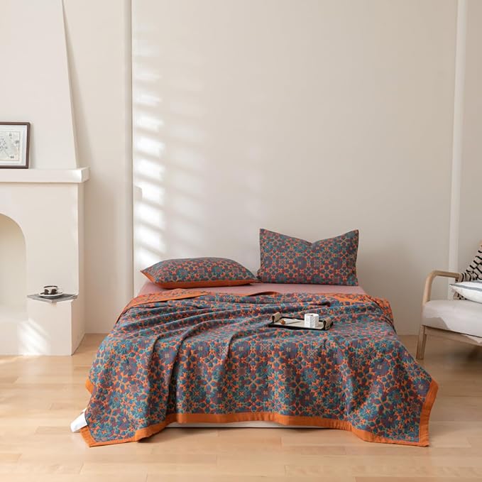 100% Cotton Muslin Blanket Jacquard Bohomian Mandala Floral Print Quilt, Soft Bed Cover Reversible Bedspread Coverlet Breathable Lightweight Bedding Full/Queen(78"x94"), No Pillow Sham