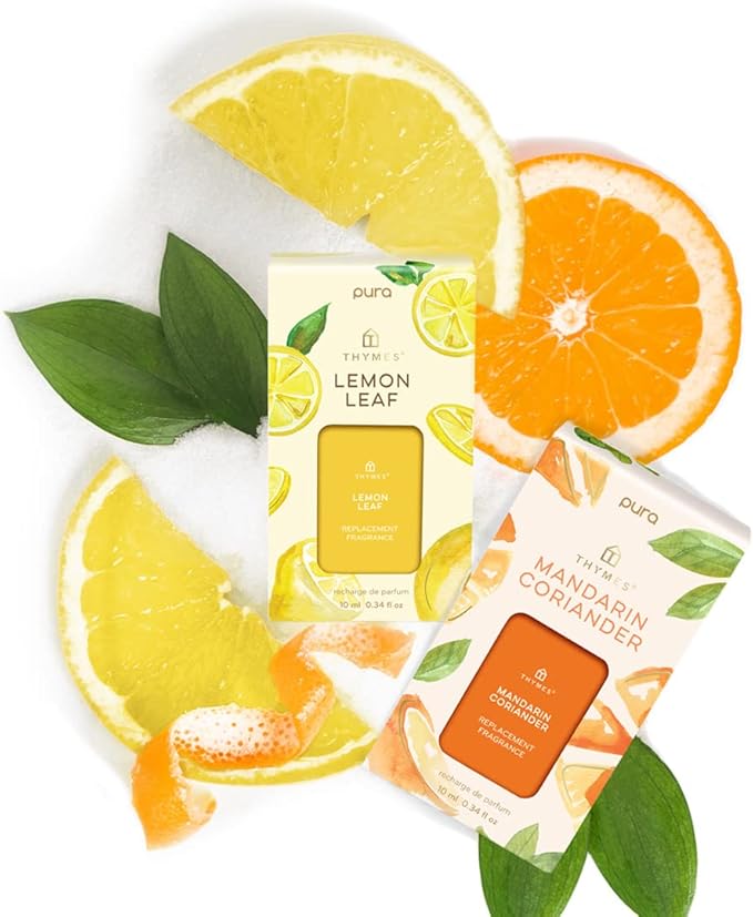 Thymes Pura Refills – 2 Pack of Oil Diffuser Scents – Long-Lasting Pura Diffuser Refills – Premium Home Fragrance – Citrus Notes of Lemon Verbena, Dewey Leaves & Bergamot (Lemon Leaf, Pack of 2)