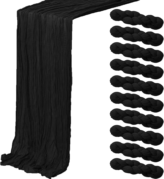 10 Pack Black Cheesecloth Table Runner,10FT/120 Inch Boho Gauze Fabric Table Runner,Rustic Sheer Black Cheese Cloth Runner Bulk for Wedding,Bridal Baby Shower,Birthday Party,Holiday Home Table Decor