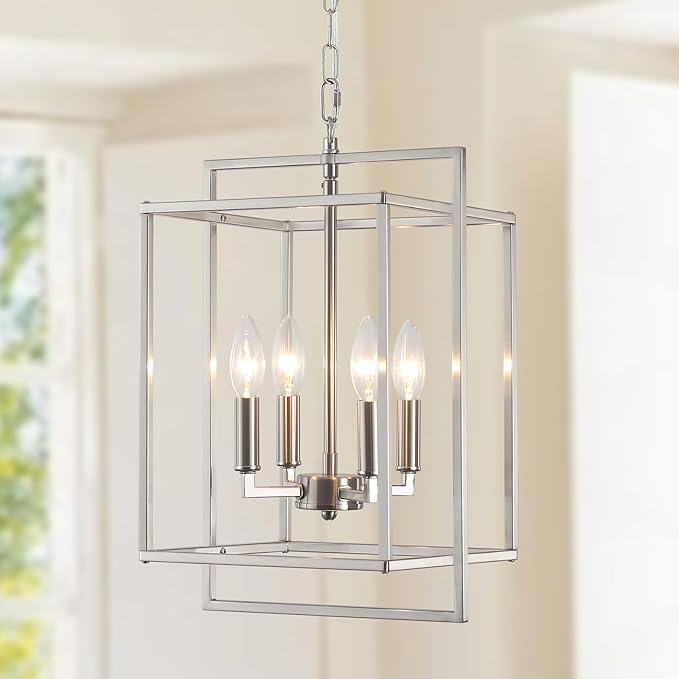 Nickel Chandelier Dining Room Light Fixture Lantern Chandeliers Iron Farmhouse Pendant Light Rustic Rectangle Adjustable Height Modern Kitchen Light for Living Room Entryway