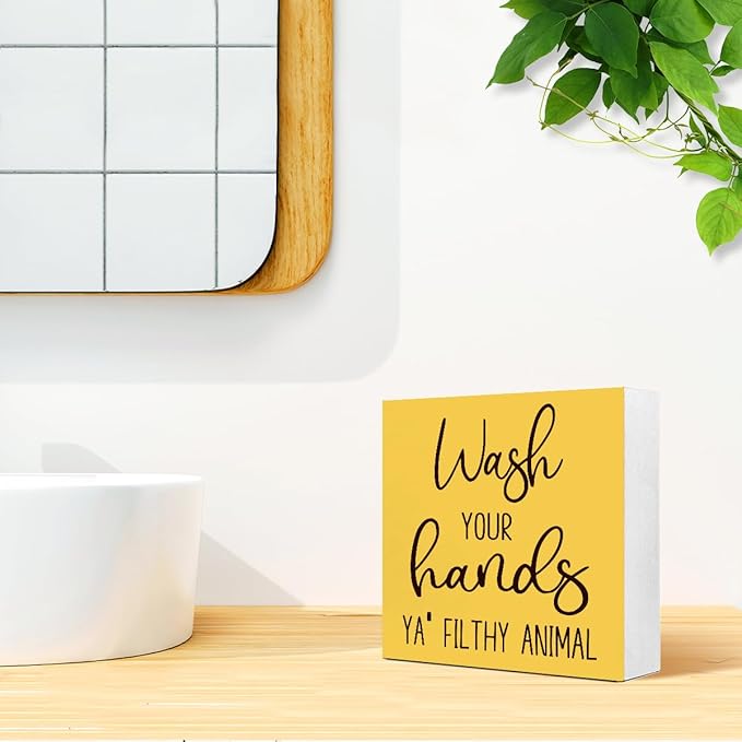 LVQHI Funny Bathroom Wood Block Signs,Wash Your Hands YA' Filthy Animal Wooden Box Sign for Bathroom Shelf Toilet Restroom Home Tabletop Desk Decor,Rustic Bathroom Sign Decor Yellow