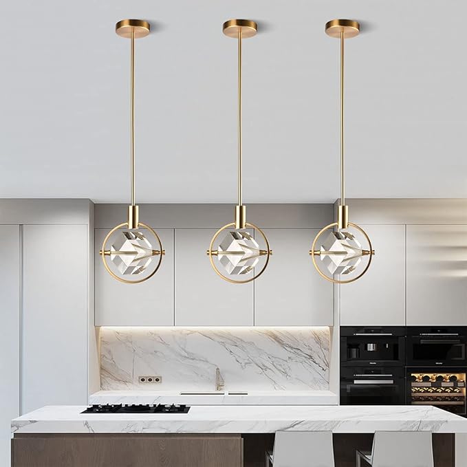 Crystal Pendant Light Fixture, Modern Dimmable Pendant Kitchen Island Light, Matte Brass Small Chandelier Hanging Lighting with Cube Pendant for Dining Room Bedroom Bathroom
