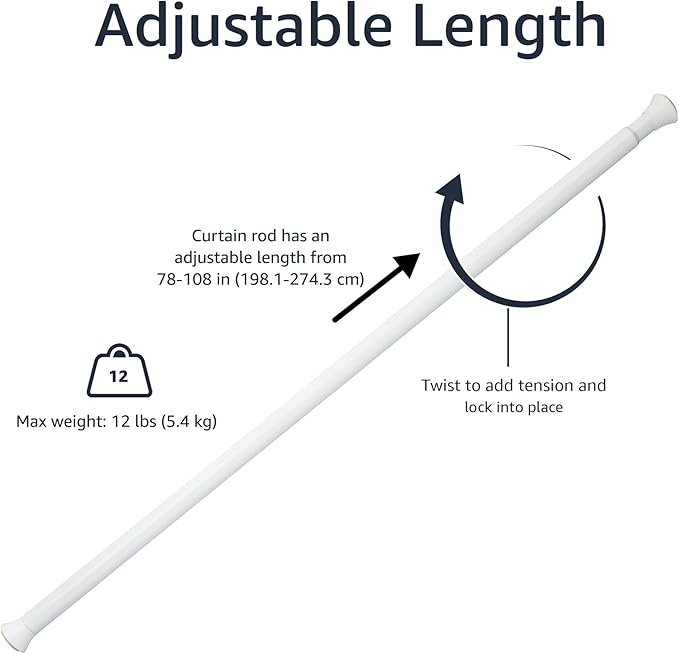 Amazon Basics Adjustable Tension Curtain Rod, 78-108" Width - White, Classic Finial