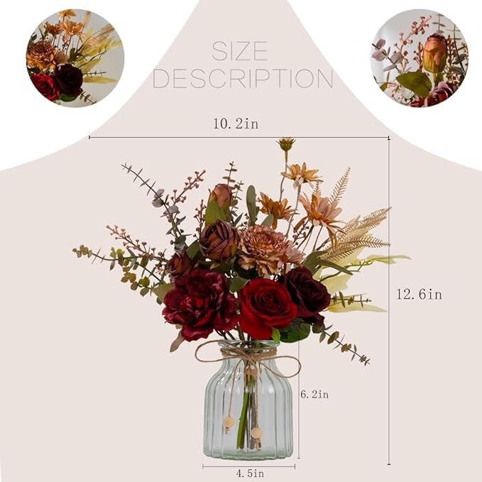 LESING Dahlia Flower Aritificial Flower with Vase Fake Silk Flowers in Glass Vase Faux Rose Flowers Arrangement for Home Office Table Centerpiece Decoration (Claret Red)