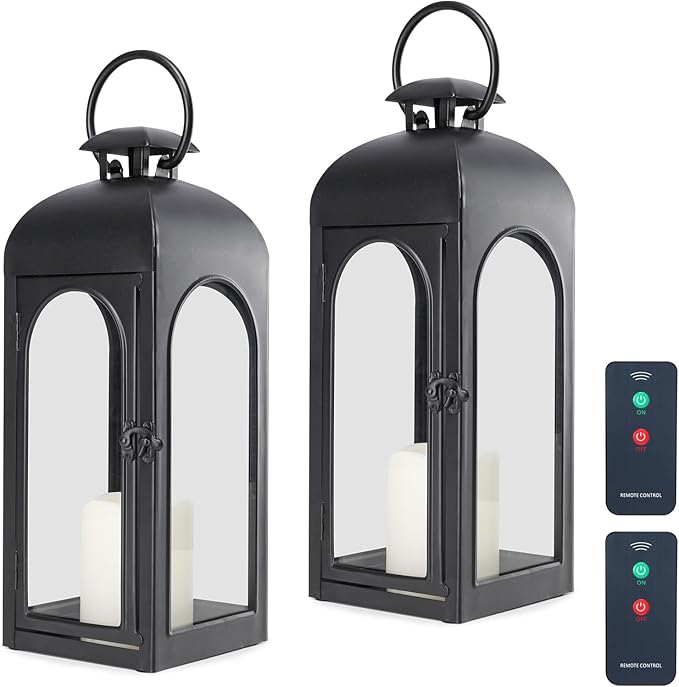 Bdor Lantern Decorative Candle Lantern 16 Inch Remote Vintage Set of 2 Decorations with Timer LED Metal Hanging Lantern for Home Outdoor Porch Decor Christmas Centerpieces Tables